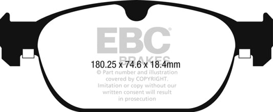 EBC Greenstuff front brake pads for Volvo S90 2.0L Turbo 2017+ performance brake upgrade, showing new brake pad set.