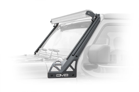 DV8 Offroad JL/Gladiator Picatinny Rail A-Pillar Pod LED Light Mount installed on a vehicle for off-road lighting.