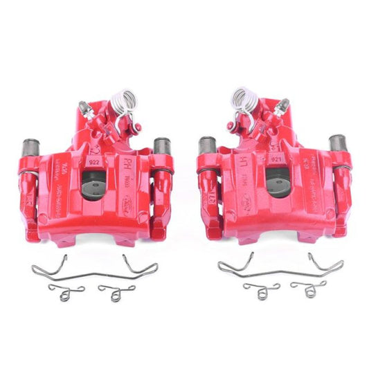Pair of PowerStop rear red brake calipers with brackets for Ford Focus 2012-2017, performance brake calipers for enhanced stopping power.