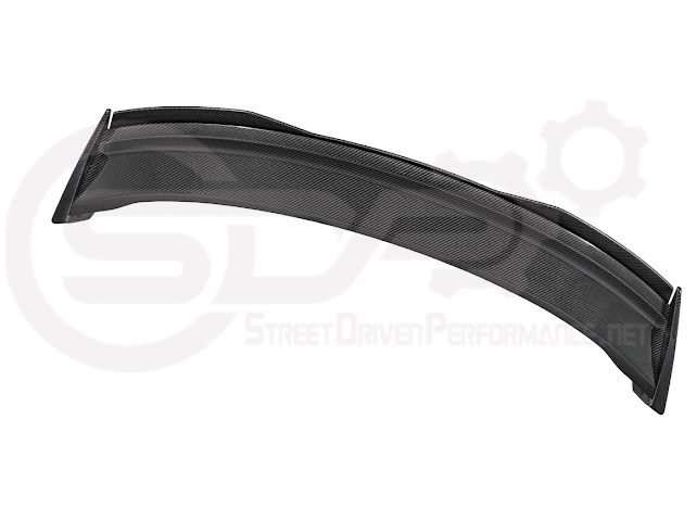 Dark Horse style carbon fiber rear wickerbill spoiler wing on a 2015-2023 Ford Mustang, designed for sporty aerodynamic performance.