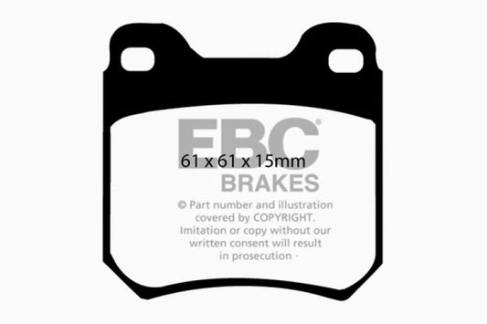 EBC Greenstuff rear brake pads for Cadillac Catera 3.0, performance brake pads installed on the vehicle's rear wheel.