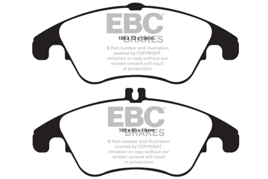 EBC 12+ Mercedes-Benz C250 Coupe 1.8 Turbo Sport Edition Redstuff front performance brake pads, shown in red with branding