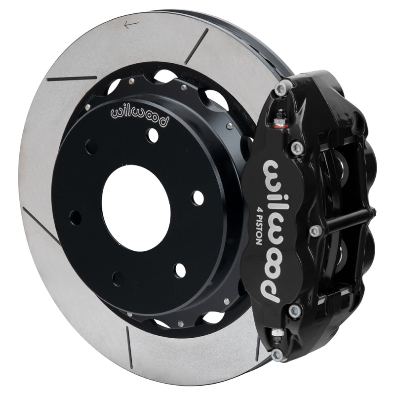 Wilwood Audi A4 03-08 forged narrow Superlite 4R rear big brake kit with black 12.88-inch slot rotor and brake calipers.