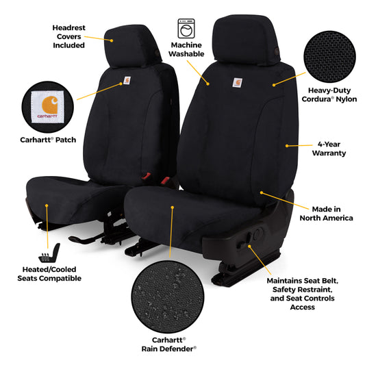 Covercraft Carhartt Super Dux front seat cover on Jeep Wrangler bucket seat, durable custom seat protector with Carhartt logo.
