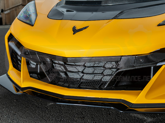 Corvette C8 Z06 factory style carbon fiber front grille license holder and tow trim for 2023-up exterior car customization.