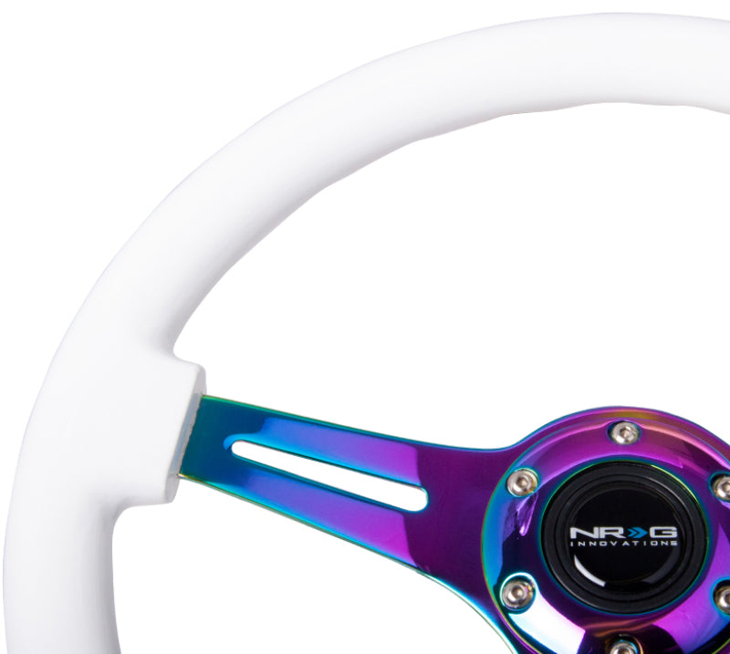 NRG Classic wood grain steering wheel with white paint grip and neochrome 3-spoke center, 350mm diameter.