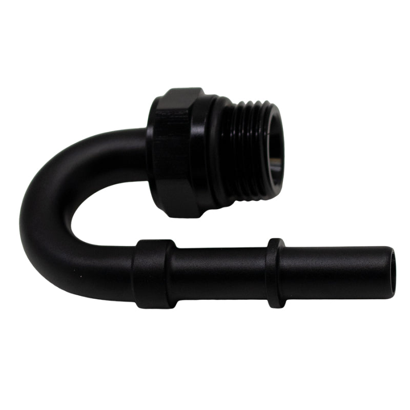 DeatschWerks 8AN ORB male to 3/8 inch male EFI quick connect adapter in matte black for fuel system connections.