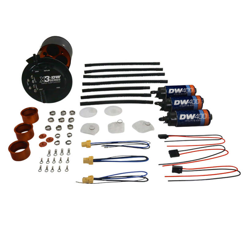 DeatschWerks Coyote X3 Series fuel pump module for 2015+ Ford F150 with triple DW400 fuel pumps, shown in the image.