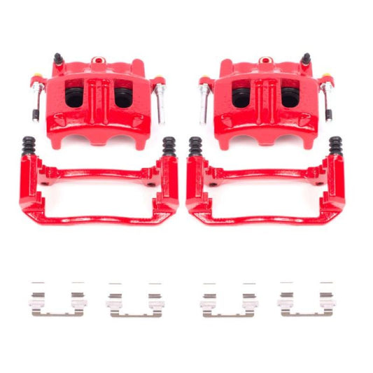 Pair of PowerStop front red brake calipers with brackets for Ford Explorer 2002-2005, performance replacement brake components.