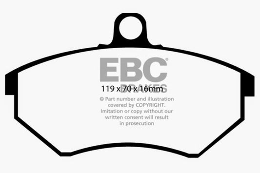EBC Ultimax2 front brake pads for Volkswagen Cabriolet 1.8, OE style, showing the brake pad set with brake friction material.
