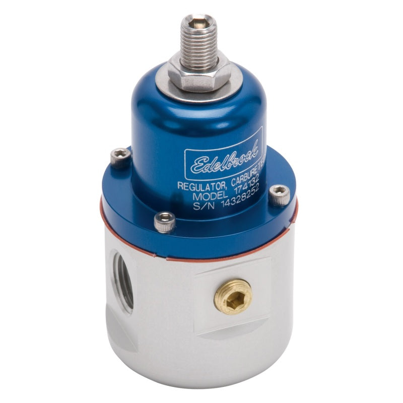 Edelbrock fuel pressure regulator for carbureted engines, blue and clear, 3/8-inch inlet/outlet, 5-10 PSI, 160 GPH capacity