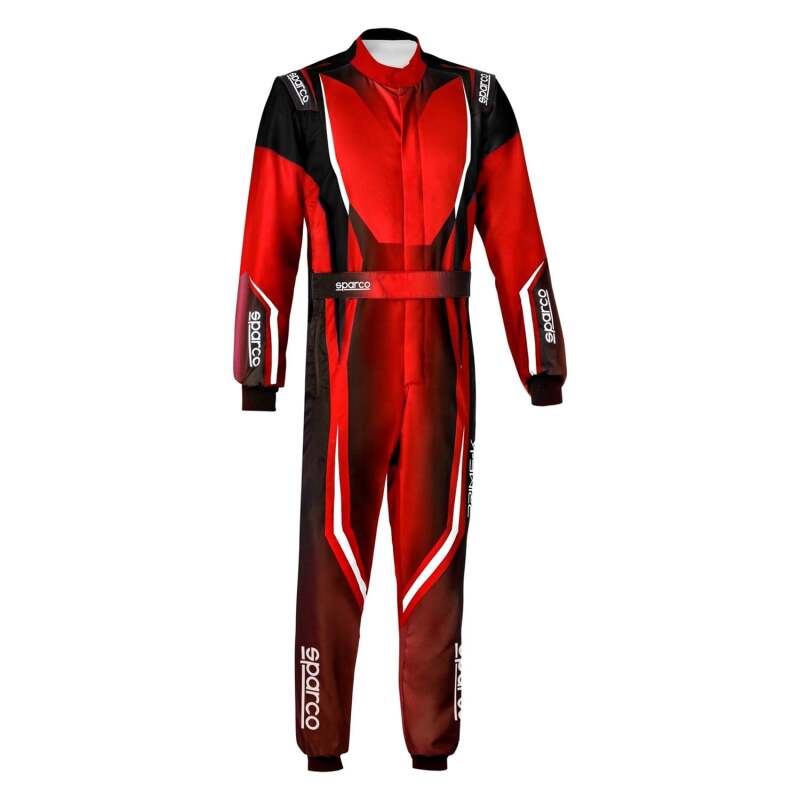 Sparco K46 Prime K racing suit in black and red, made for motorsport drivers, with logo and racing suit design visible.