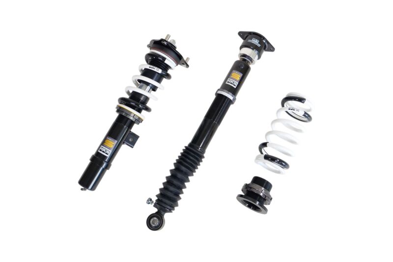 HKS HIPERMAX S FK7 coilover suspension kit installed on a car, showcasing adjustable shock absorbers and sleek coilover design.