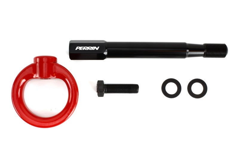 Red Perrin Performance tow hook kit for Subaru WRX, Crosstrek, OBXT, and Impreza front tow hooks, metal with mounting hardware.