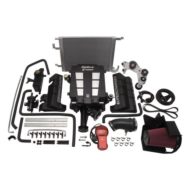 Edelbrock Supercharger Stage 1 Street Kit for 2009-2010 Chrysler LX and LC 5.7L Hemi with tuner installed on engine.