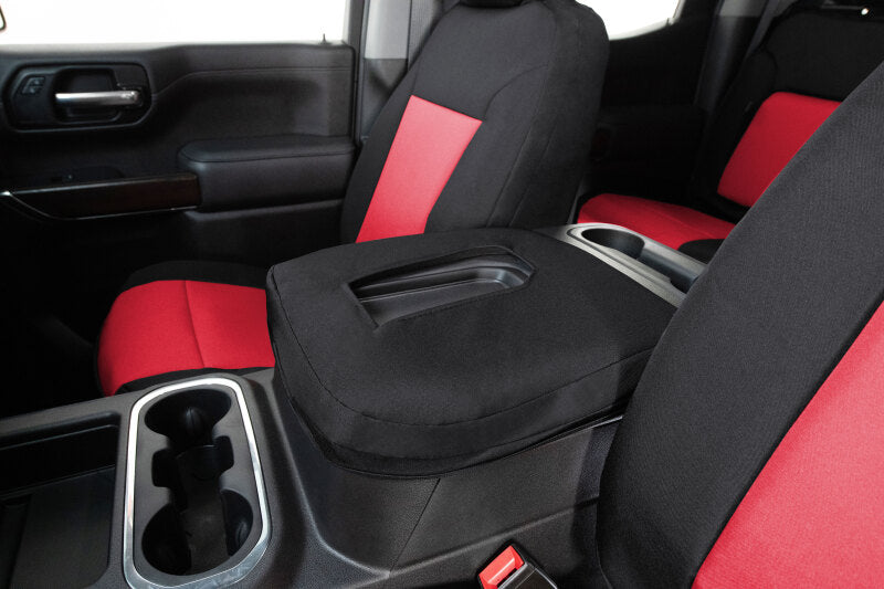 Covercraft Endura PrecisionFit front seat covers in red and black for 2021-2024 Ford Expedition, custom-fit and durable.