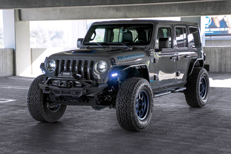 DV8 Offroad Jeep Wrangler JL Spec Series Tube Fenders, black metal fenders with tubular design for off-road protection.