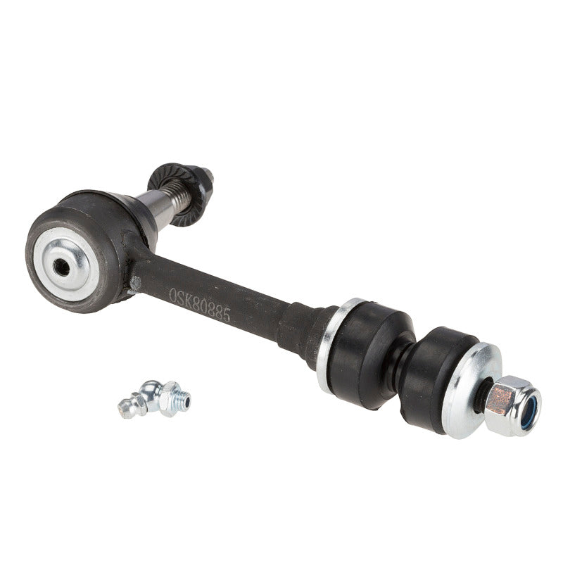 Moog Dodge Ram 2500 front sway bar endlinks, suspension replacement part, installed on the vehicle's front suspension system.
