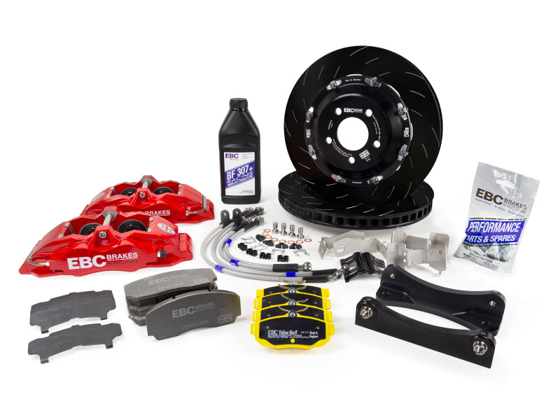 EBC Racing Ford Focus ST Mk3 Red Apollo-4 big brake kit with 355mm rotors and calipers, front view of high-performance car brakes.