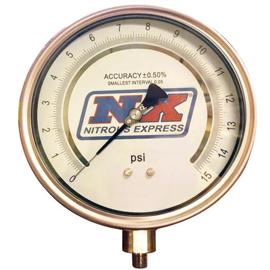 Nitrous Express 6 Certified pressure gauge for nitrous systems, showing dial with pressure readings in PSI and bar.
