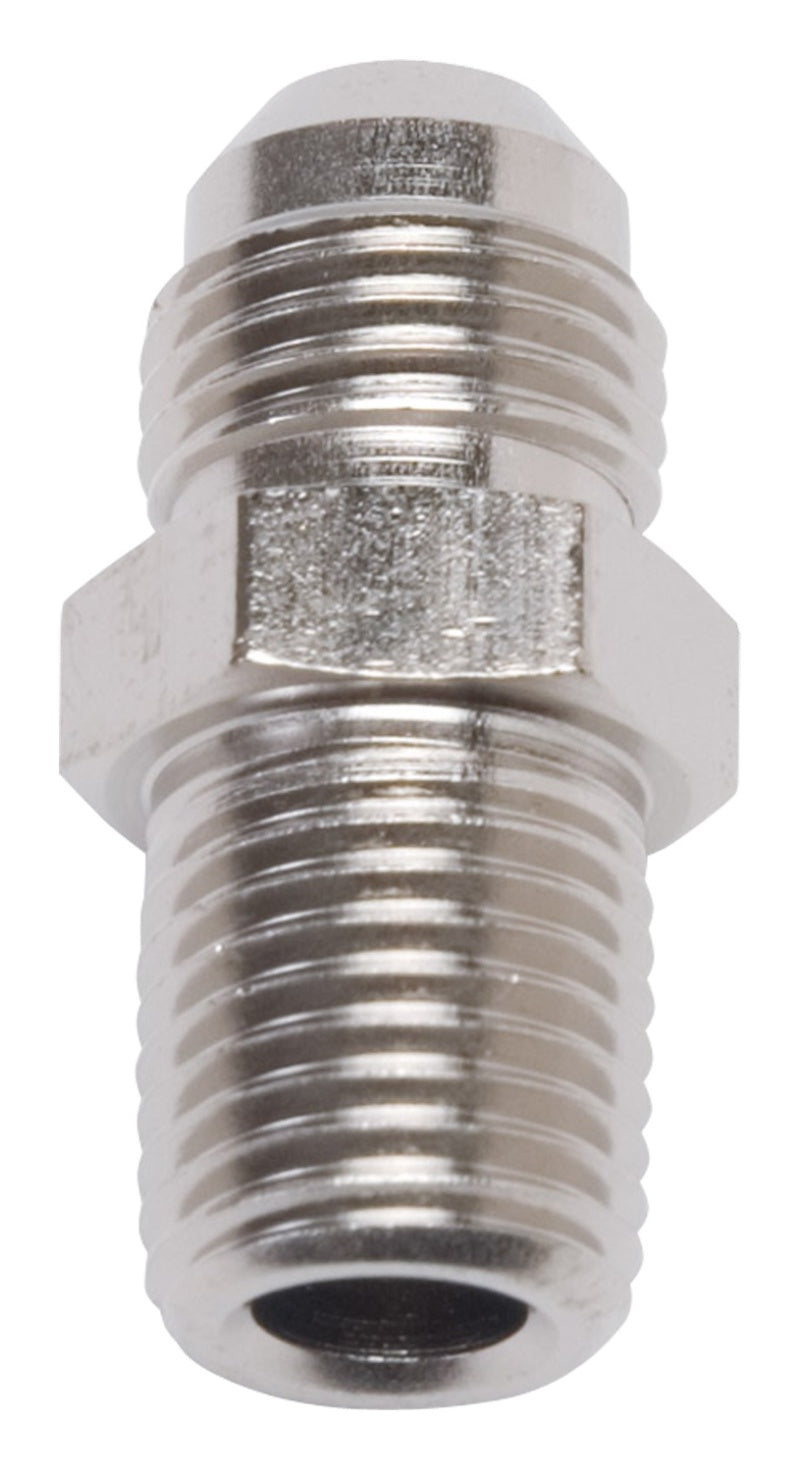 Russell Performance -6 AN to 3/8 inch NPT straight flare to pipe fitting, Endura brand, metallic finish, shown with threaded ends.