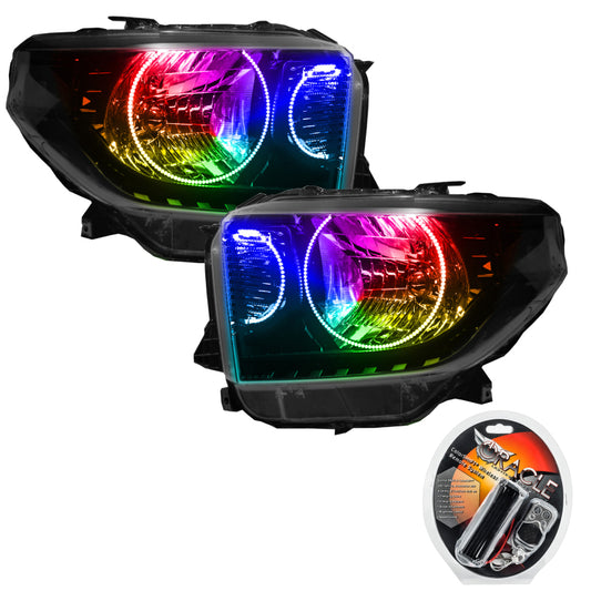 Oracle Lighting Toyota Tundra headlights with dual Halo Kit featuring ColorSHIFT SMD LEDs, showcasing the headlight design and halo accents.