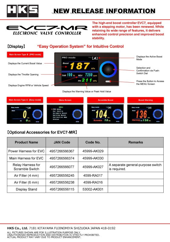 HKS EVC7-MR boost controller installed in a vehicle, showing the digital display and control buttons for adjustable boost pressure.