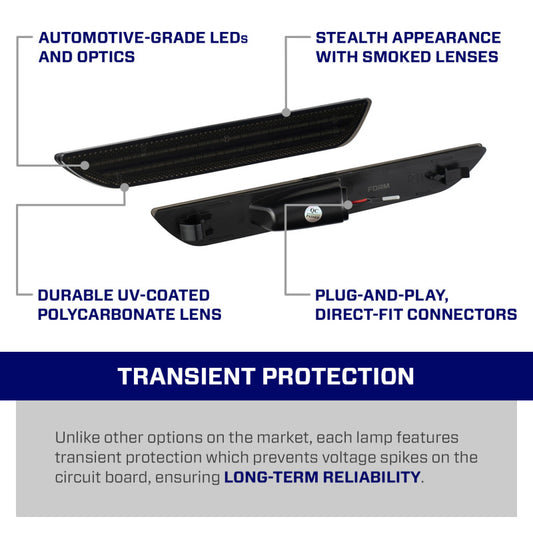 Pair of FORM Lighting 2015 Mustang LED sidemarker light bars showing bright, clear illumination on black background