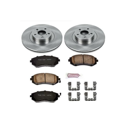 PowerStop OE front brake kit for 2004-2006 Subaru Baja, includes brake rotors and pads, installed on vehicle front axle.