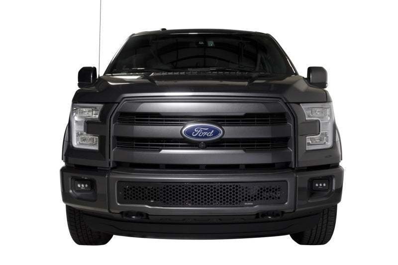 Putco stainless steel black punch design bumper grille inserts for 2015-2017 Ford F-150 truck, with a bold, textured pattern.