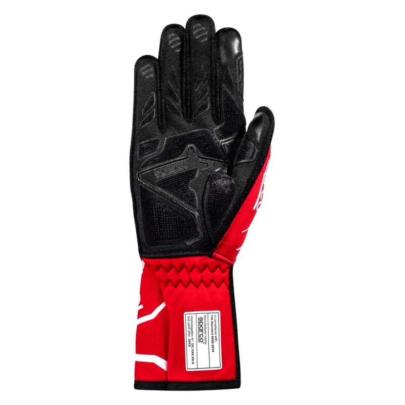 Sparco Tide Red and Black racing gloves with padded palms and adjustable wrist strap, designed for motorsport safety and grip.