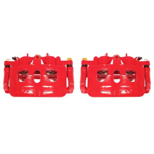 Pair of PowerStop front red brake calipers with brackets for Ford Explorer 2013-2017, performance brake calipers for enhanced stopping power.