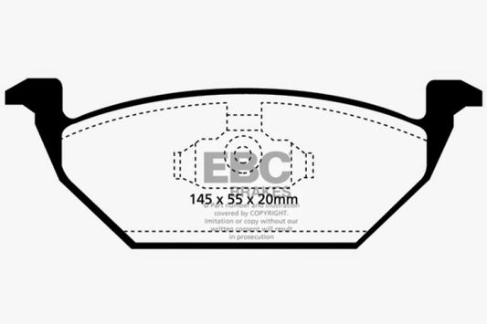 EBC Ultimax2 front brake pads for 98-99 Volkswagen Beetle 2.0, OE type, shown in a close-up image.