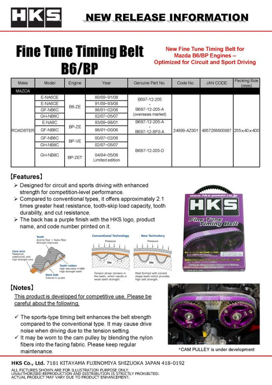 HKS fine tune timing belt for Mazda MX-5 B6-ZE engine, accessory belt replacement, shown on a clean engine component.