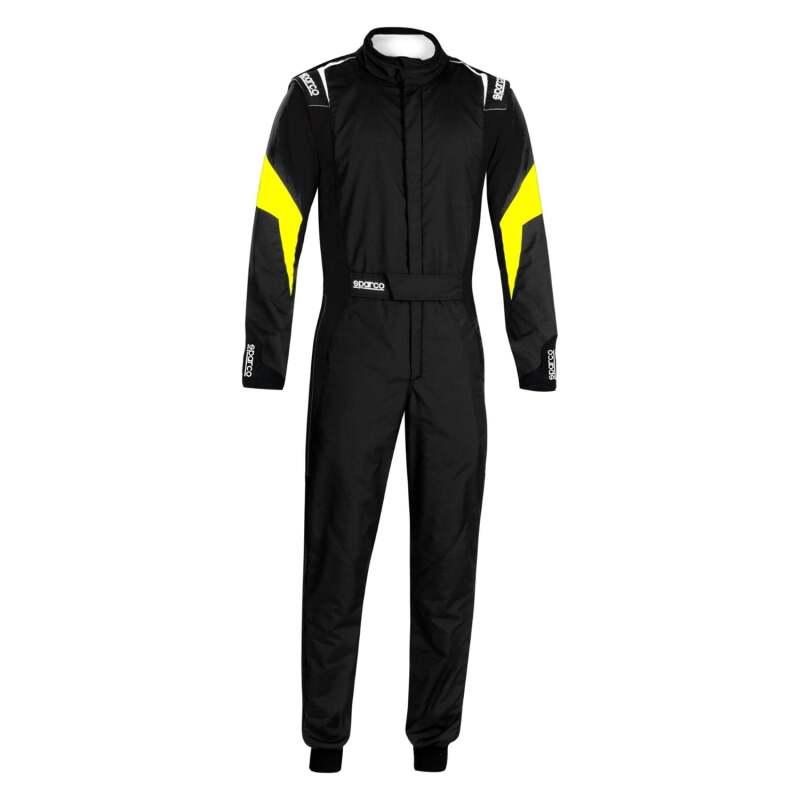 Black and yellow Sparco racing suit for competition, featuring the SPARCO brand logo and safety design details.