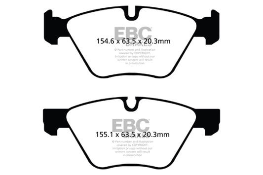 EBC Redstuff front brake pads for BMW Z4 3.0 E89, performance brake pads with red friction material, installed on vehicle.