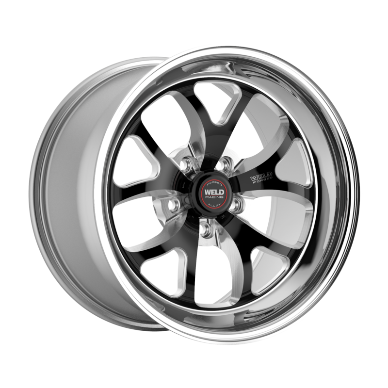 Weld S76 forged wheel, 17x10 inches, 5x112 bolt pattern, black center with polished shell, non-BL wheel design.