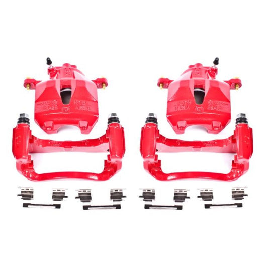 Pair of PowerStop red front brake calipers with brackets for 2005-2007 Toyota Avalon, performance brake calipers for enhanced stopping power.