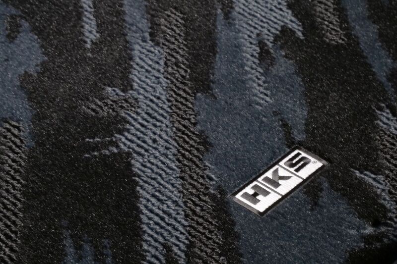 HKS carpeted floor mats full set for October LHD vehicle, showing black textured surface and precise fit for car interior.