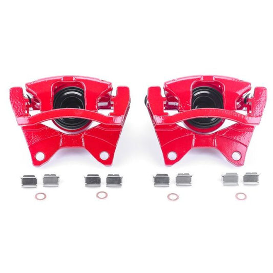 Pair of PowerStop rear red brake calipers with brackets for Dodge Nitro 2007-2011, performance brake calipers for enhanced stopping power.