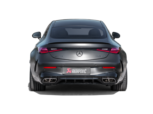 Akrapovic titanium muffler for Mercedes Benz CLE 53 4MATIC Cabriolet, showing the sleek slip-on exhaust design.