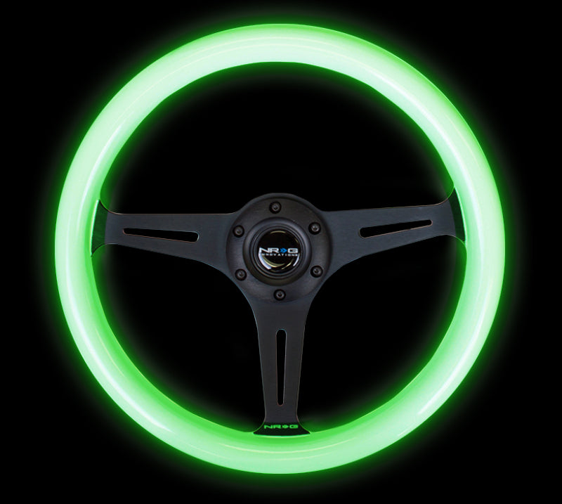 NRG Classic Wood Grain Steering Wheel with glow-in-the-dark green grip and black 3-spoke center for car interior customization.