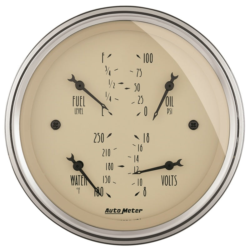 AutoMeter Quad 3-3/8 inch electrical gauge with antique beige face and black bezel, measuring 0 to 90 Ohms resistance.