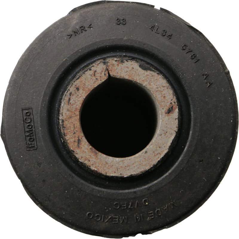 Moog rear forward leaf spring bushing for Ford F-150 2004-2014, showing the rubber bushing component on a spring.