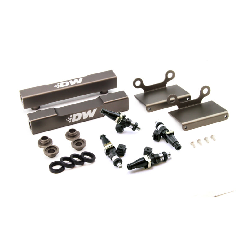 DeatschWerks fuel rail conversion kit with 2200cc injectors for 04-06 Subaru STI and LGT, featuring side feed to top feed design.