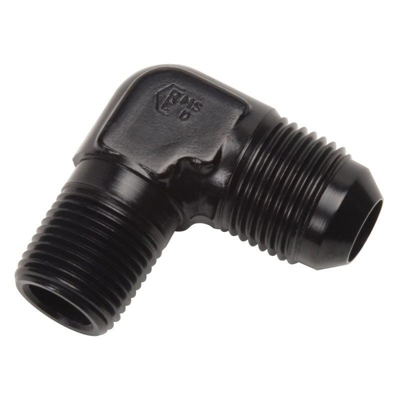 Black Russell Performance -4 AN to 1/8in NPT 90-degree flare to pipe adapter fitting, showing threaded and flared ends.