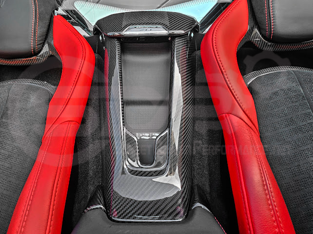 2020-Present Corvette C8 Coupe Models | GM Factory Style CARBON FIBER Interior Console Waterfall Lower Speaker Grille Trim Cover With Corvette Logo
