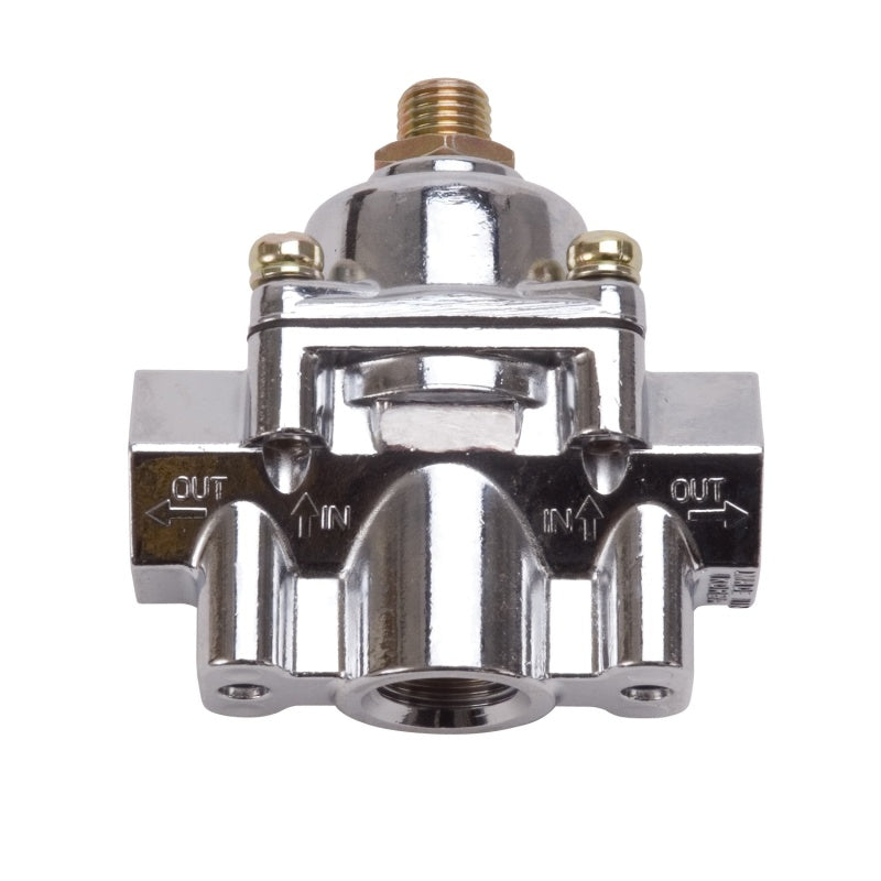 Edelbrock fuel pressure regulator for carbureted engines, 5-10 PSI, red and clear, with 3/8 inch inlet and outlet.