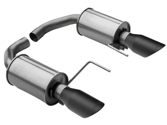 Roush black tip axle back exhaust for Ford Mustang V6 and EcoBoost models, showing polished exhaust tips and sleek design.