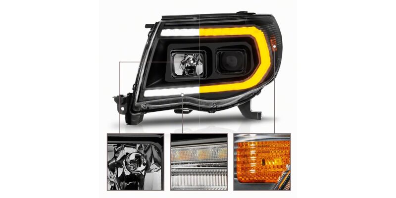 Raxiom Toyota Tacoma headlights with black housing and clear lens, featuring switchback projector headlight design for 2005-2011 models.